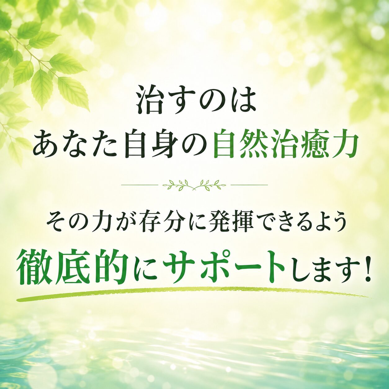 治すのはあなた自身の自然治癒力
その力が存分に発揮できるよう
徹底的にサポートします!